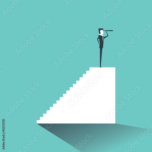  Businessman looking to the view with telescope at top of stairway. vector