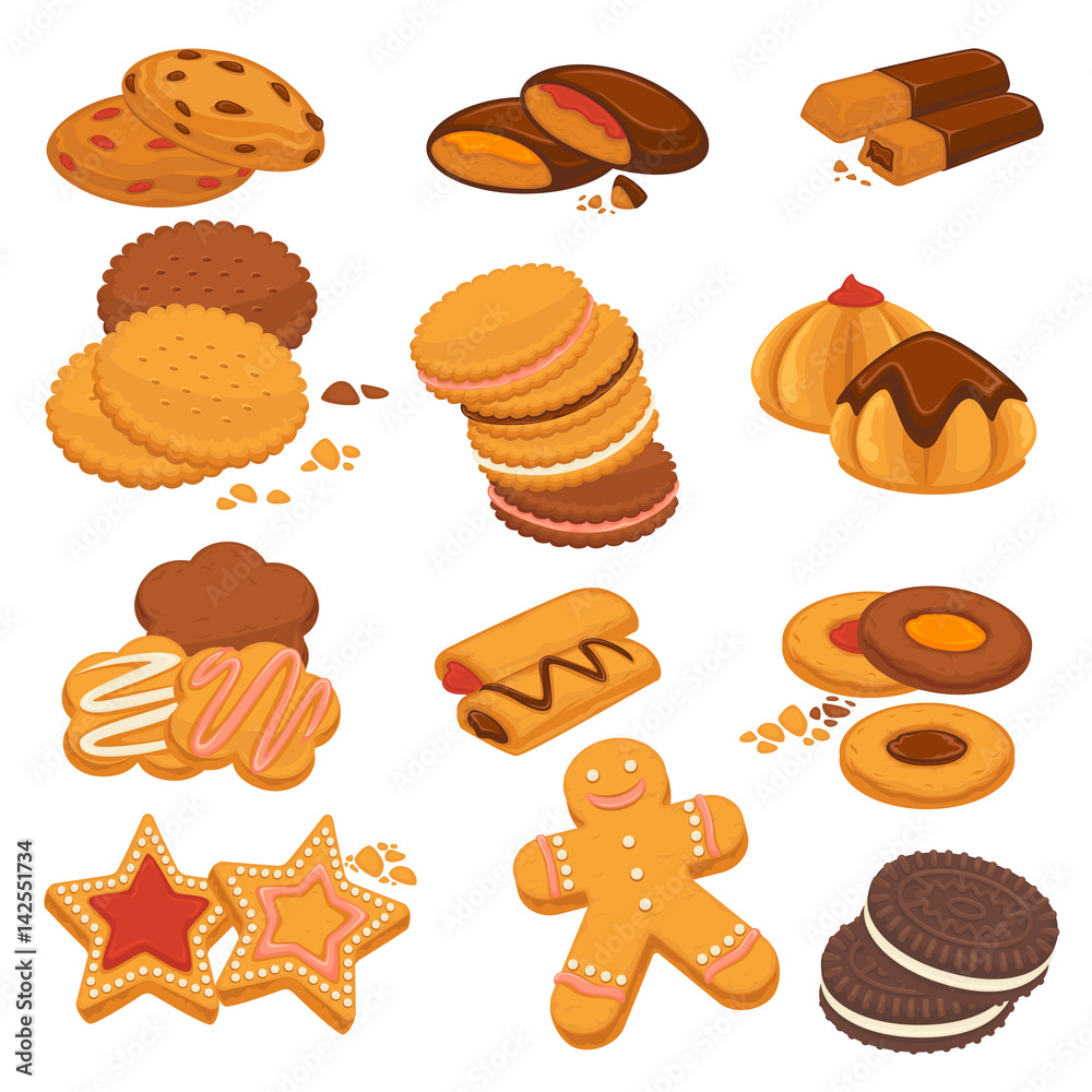 Chocolate cookies and gingerbread biscuits desserts vector icons