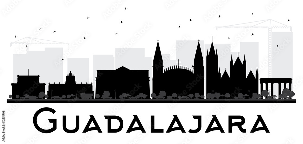 Guadalajara City skyline black and white silhouette.