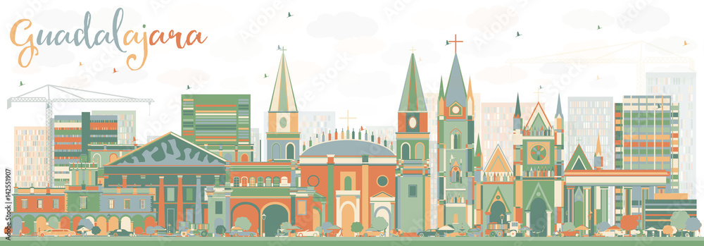 Abstract Guadalajara Skyline with Color Buildings.