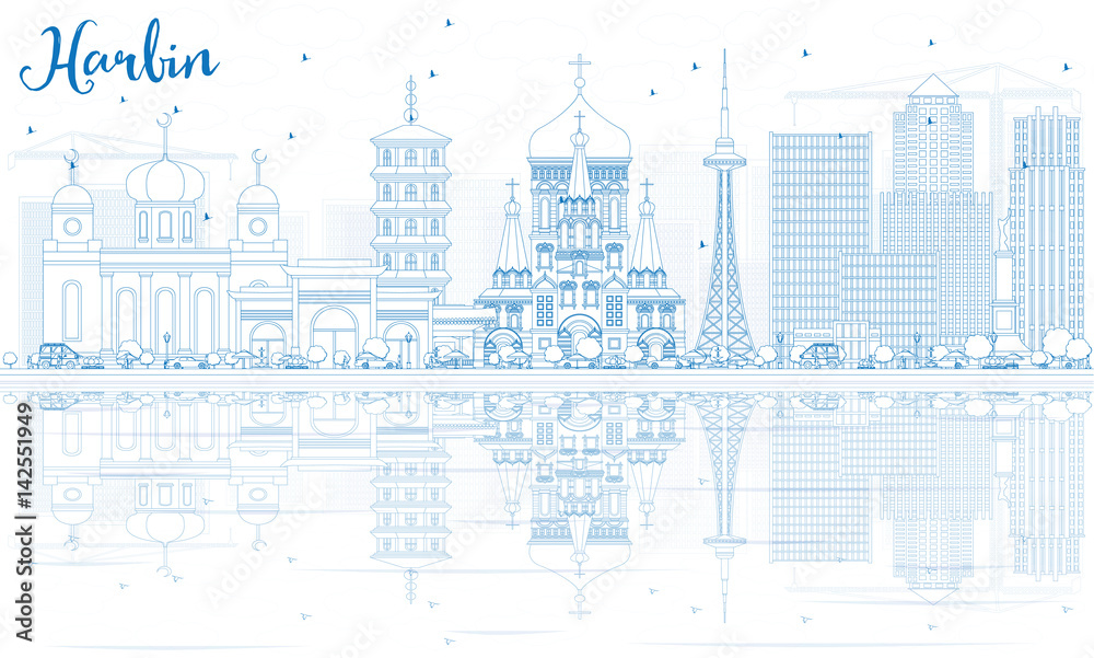 Obraz premium Outline Harbin Skyline with Blue Buildings and Reflections.