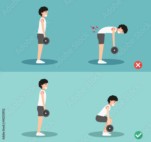Male wrong and right deadlift posture,illustration