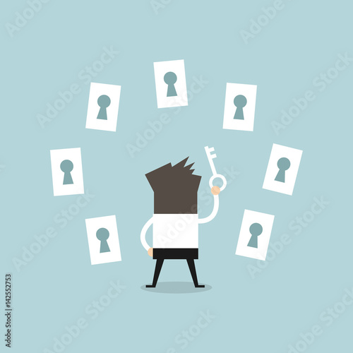 Businessman choosing the right keyhole, vector