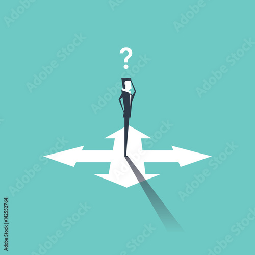 Confused businessman standing on crossroads and choosing way. vector