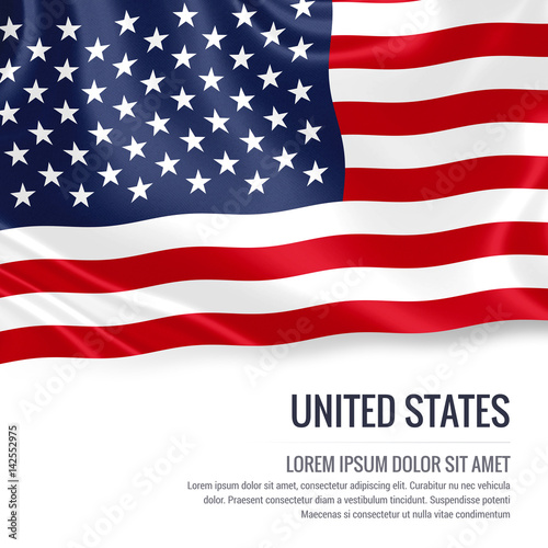 Silky flag of United States waving on an isolated white background with the white text area for your advert message. 3D rendering.