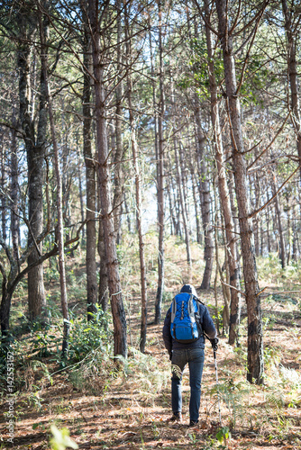 Rear of a young man with backpack goes on up to the mountain.