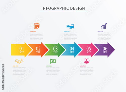 Infographics arrow number 6 step template. Vector Process chart background. Can be used for workflow layout, diagram, data, business options, banner, web design.