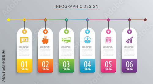 Infographics tag banner 6 option template. Vector illustration background. Can be used for workflow layout, data, business step, web design.