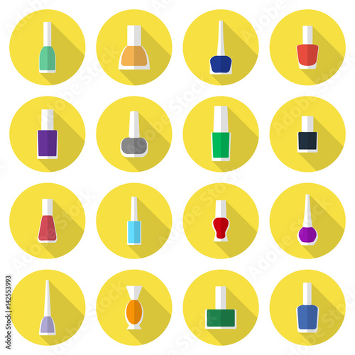 Multicolored nail polishes flat vector icon set