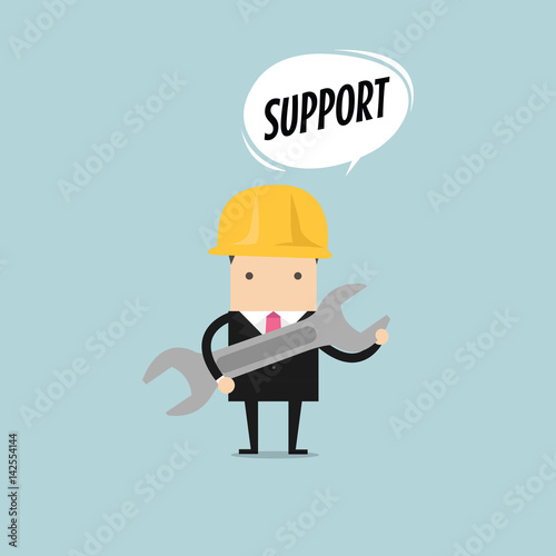 Businessman holding a wrench with balloon text support. vector