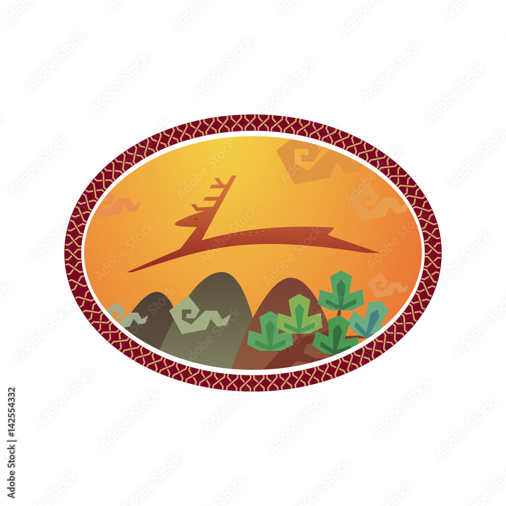 Mountains landscape. Running wild deer sign. Freehand drawn cartoon in asian style. Creative vintage poster background. Running reindeer in clouds symbol. Decorative vector illustration banner element Mountains landscape. Running wild deer sign. Freehand drawn cartoon in asian style. Creative vintage poster background. Running reindeer in clouds symbol. Decorative vector illustration banner element