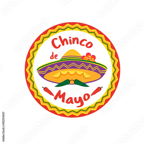 Mexican Fiesta holiday Cinco de Mayo. Freehand drawn fancy cartoon style. Decorative round frame badge. Festival celebration traditional symbols of Mexico. Vector element template banner background