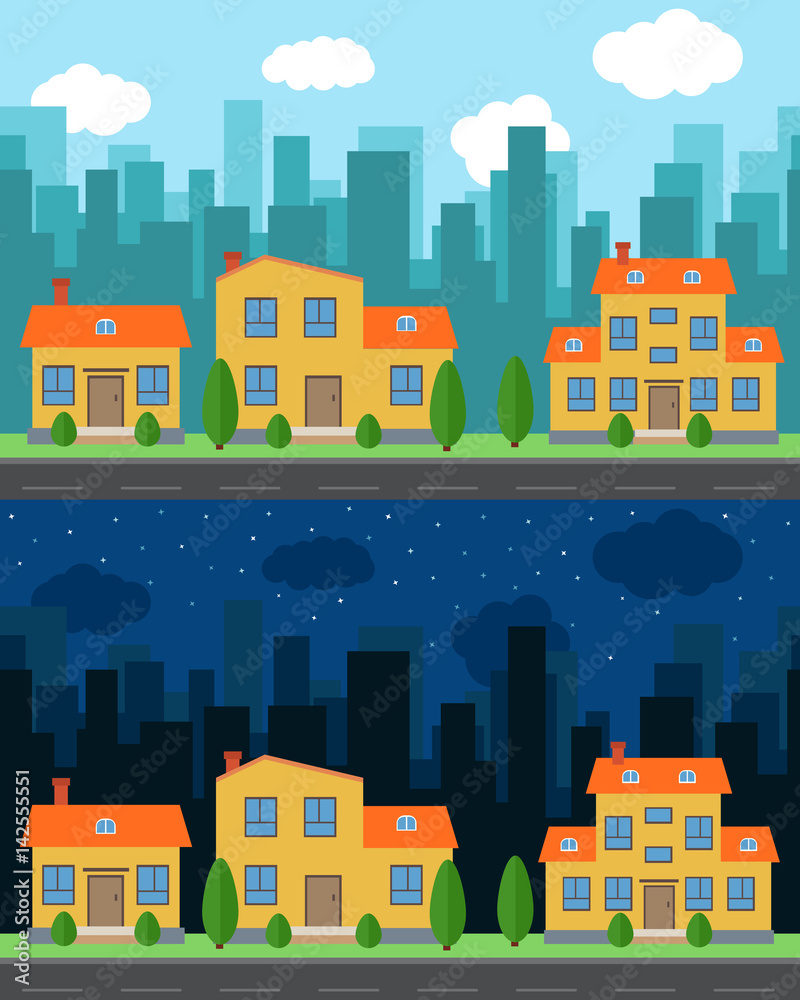 Vector city with cartoon houses and buildings in the day and night. City space with road on flat style background concept. Summer urban landscape. Street view with cityscape on a background vector Vector city with cartoon houses and buildings in the day and night. City space with road on flat style background concept. Summer urban landscape. Street view with cityscape on a background vector