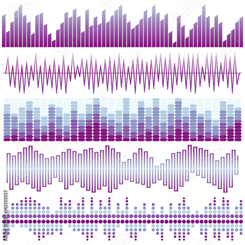 Vector set of purple sound waves. Audio equalizer. Sound & audio waves isolated on white background. 