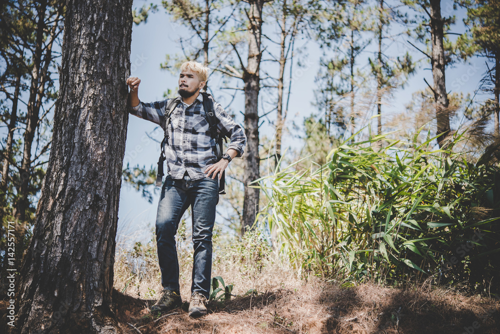 Young Man Traveler with backpack to mountain, Enjoying with nature around,Travel Lifestyle concept.