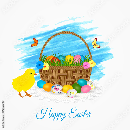 Happy Easter greeting card- easter basket with eggs, yellow chicken and butterflies.