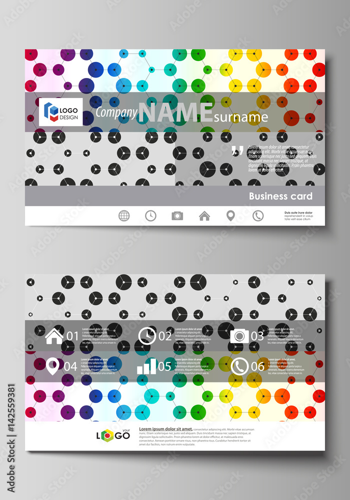 Fototapeta premium Business card templates. Abstract template, vector layout. Chemistry pattern, hexagonal design molecule structure, scientific, medical DNA research. Geometric colorful background.