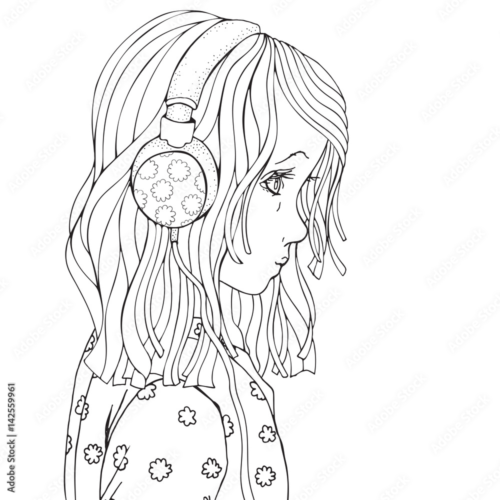Cute beautiful girl with headphones. Coloring book page for adult and  children. Black and white. Stock Vector | Adobe Stock