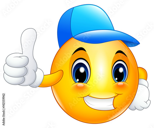 Cartoon emoticon smiley wearing a cap and giving a thumbs up 