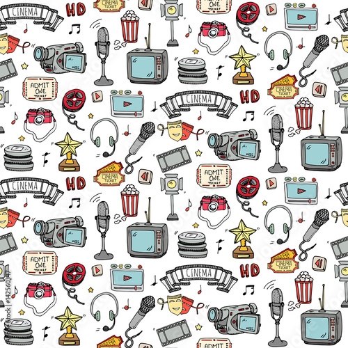 Seamless pattern Hand drawn doodle Cinema set. Vector illustration. Movie making icons. Film symbols collection. Cinematography freehand: camera, film tape, photo camera, pizza, popcorn, projector.