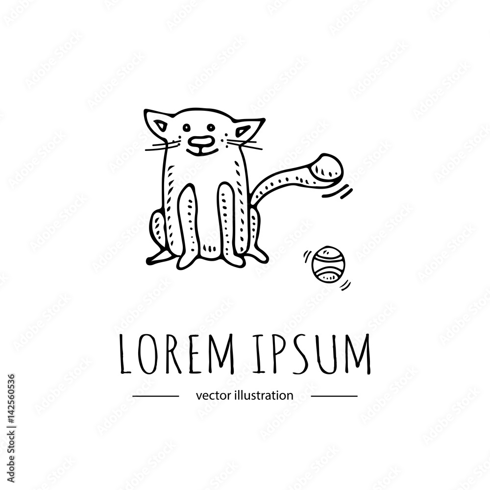 Hand drawn doodle Cute sitting cat playing with ball icon Pets stuff and supply logo Vector illustration. Vet symbol Cartoon cats care, tail, paw, ball, Goods for pet shop Hand drawn doodle Cute sitting cat playing with ball icon Pets stuff and supply logo Vector illustration. Vet symbol Cartoon cats care, tail, paw, ball, Goods for pet shop