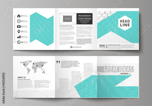 Set of business templates for tri fold square design brochures. Leaflet cover, abstract vector layout. Chemistry pattern, hexagonal molecule structure on blue. Medicine, science and technology concept
