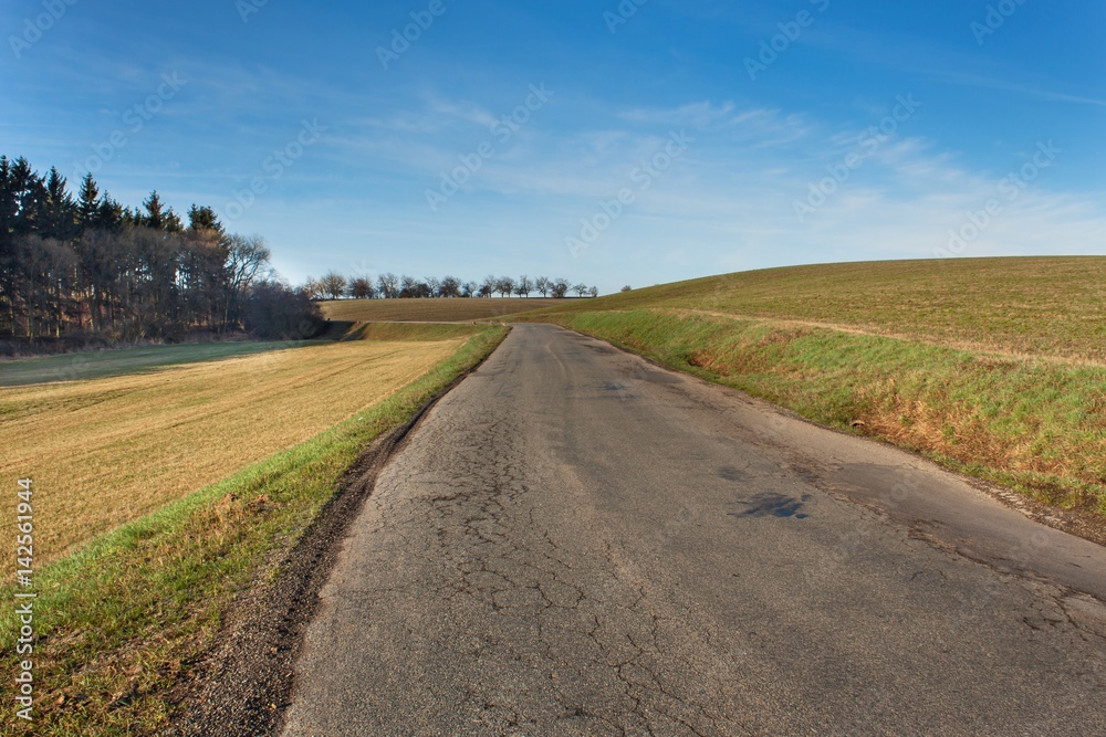 Old rural asphalt road in the Czech Republic. Granite road bollard. Agricultural landscape.