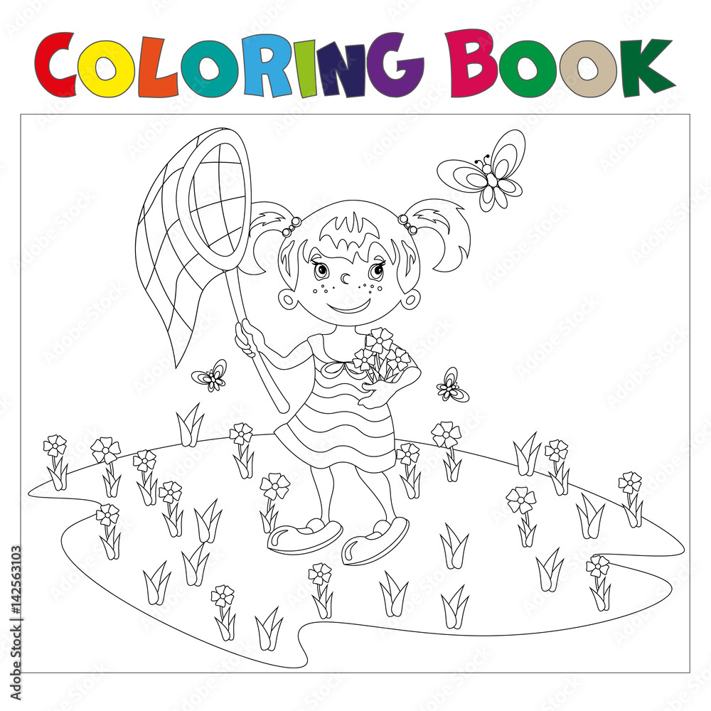 Fototapeta premium Coloring book girl chasing butterflies