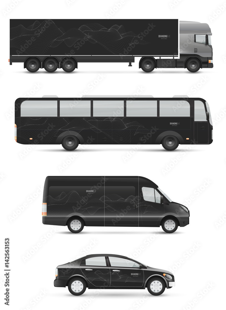 Mockup vehicles for advertising and corporate identity. Branding design for transport. Passenger car, bus and van. Graphics elements with abstract geometric objects.