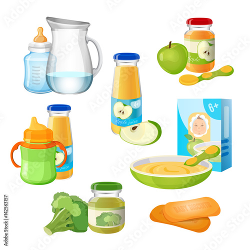 Organic food for babies vector poster. Juices and apple purees