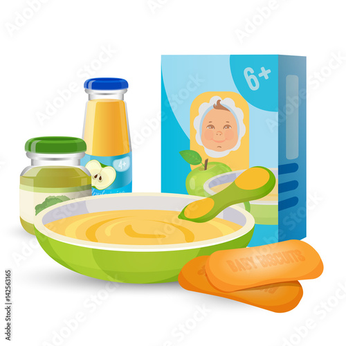 Healthy breakfast for baby with porridge and biscuits