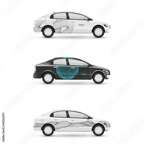 Mockup of white passenger car. Set of design templates for transport. Branding for advertising, business and corporate identity.