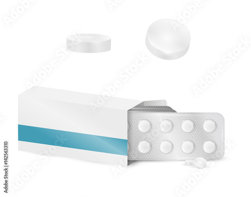 Template realistic white blank paper medicine package box with tablets isolated on white background. Vector mockup drugs.