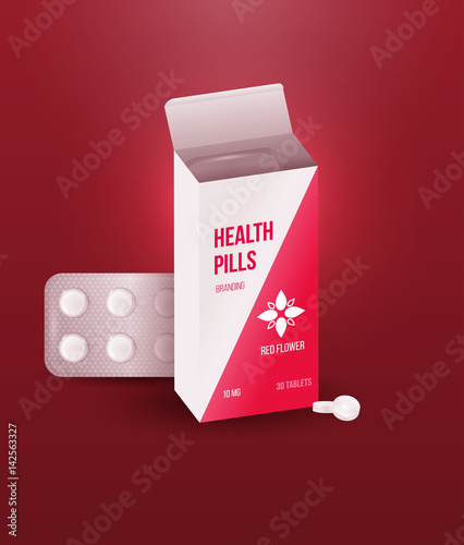 Template branding design for paper packaging or boxes with tablets blister. Advertising medical products for health and beauty. 3d blank vector mockup drugs.
