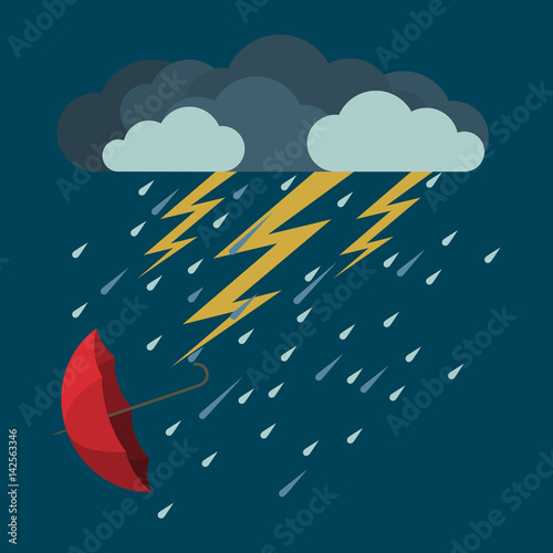 Lightning and heavy rain, falling umbrella from clouds