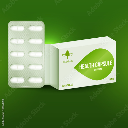 Template branding design for paper packaging or boxes with capsules blister. Advertising medical products for health and beauty. 3d blank vector mockup drugs.