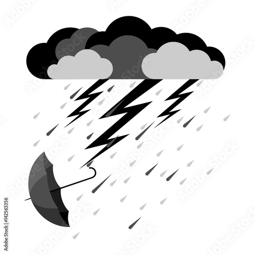 Lightning and heavy rain, falling umbrella from clouds