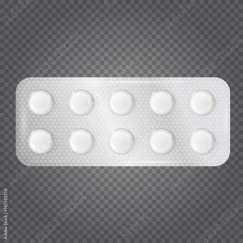 Realistic white 3d blister with tablets. Vector medical drugs isolated on transparent background.