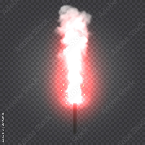 Realistic burning red flare with smoke and sparkles on transparent background. Vector illustration.