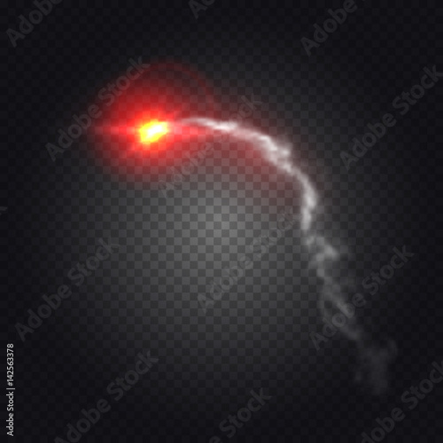Realistic red signal rocket flare on transparent background. Vector illustration.