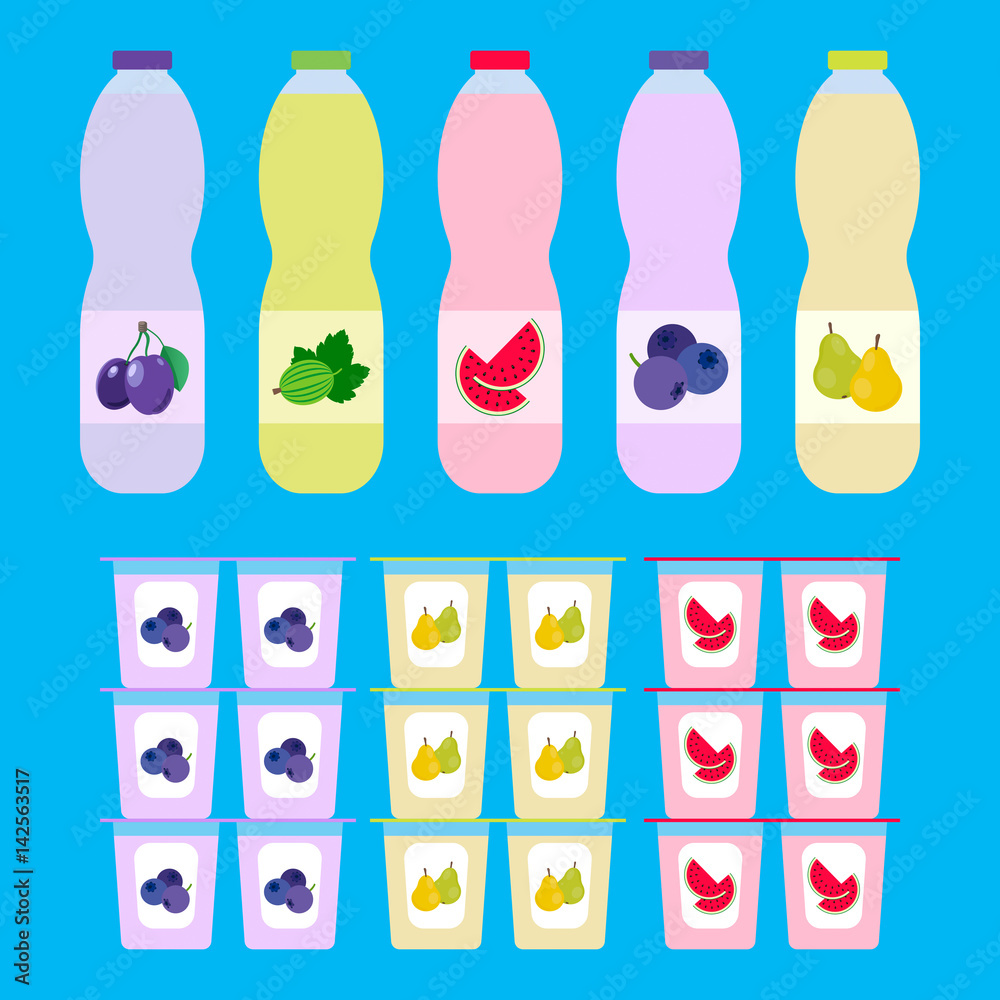 Fototapeta premium set of containers and bottles with fruit yogurt. vector.