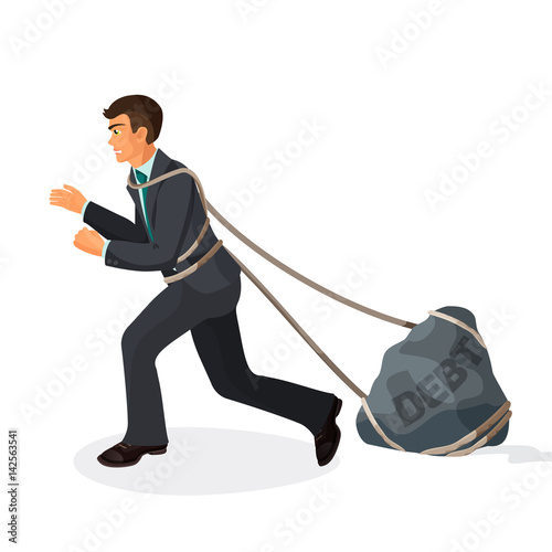 Entangled in ropes businessman pulls stone burden with name debt.
