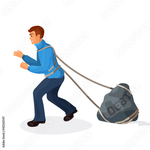 Entangled in ropes businessman pulls stone burden with name debt.