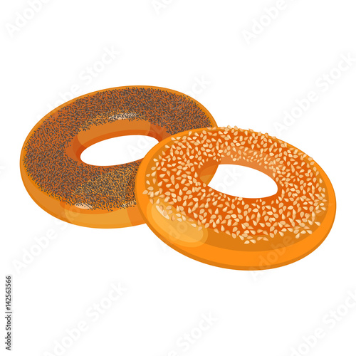 Two bagels with poppy and sesame seeds flat design on white
