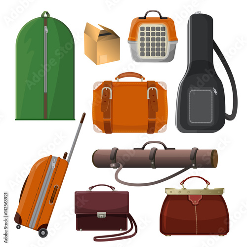 Luggage with handle, animal cage, leather purse, tube for documents