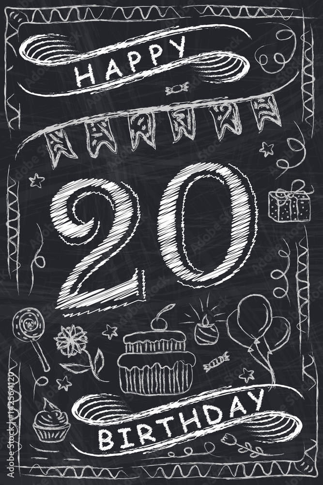Anniversary Happy Birthday Card Design on Chalkboard. 20 Years