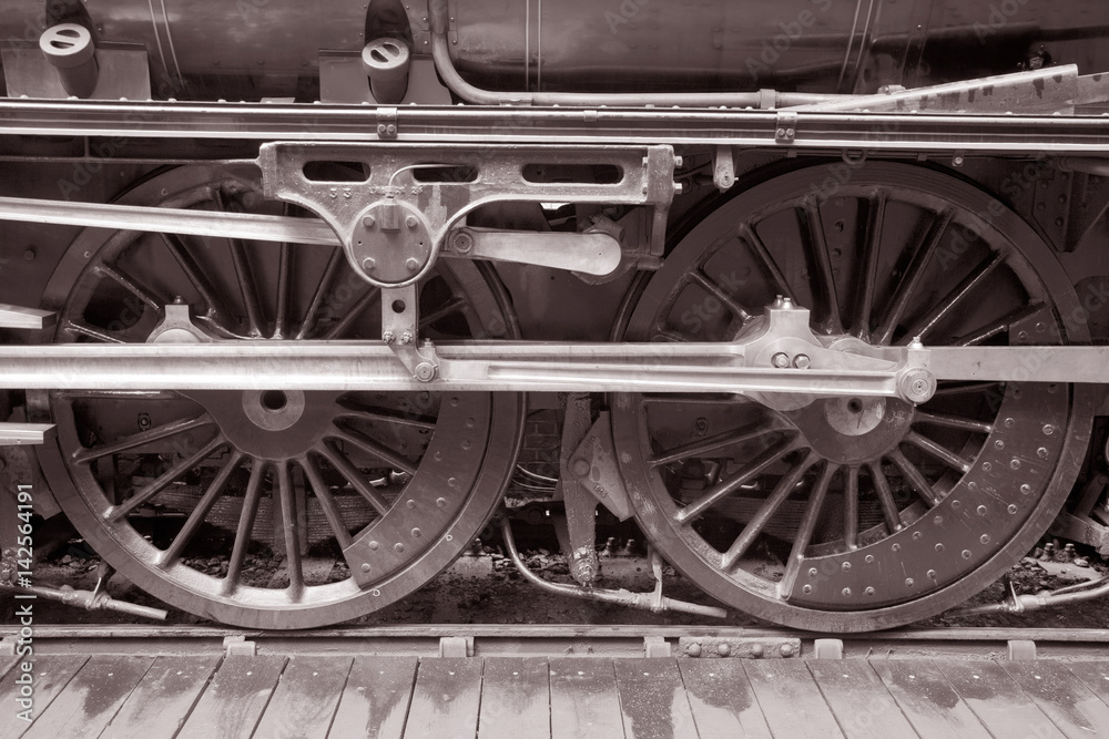 Steam Train Wheels in Black and White Sepia Tone