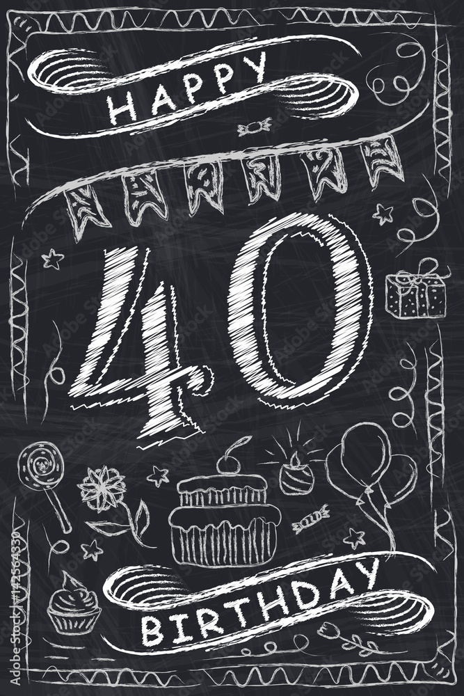 Anniversary Happy Birthday Card Design on Chalkboard. 40 Years