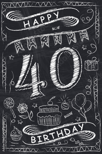 Anniversary Happy Birthday Card Design on Chalkboard. 40 Years