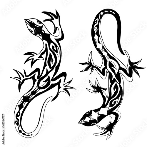 Decorative lizards reptiles with long curved tails decorated geometric ornament isolated on white background, vector illustration suitable for tattoo, logo or mascot design, scrapbooking, page cover